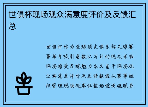 世俱杯现场观众满意度评价及反馈汇总