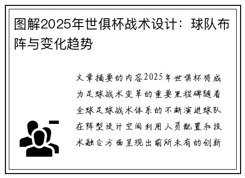 图解2025年世俱杯战术设计：球队布阵与变化趋势