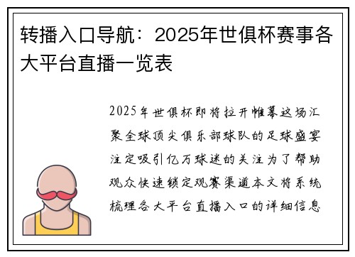 转播入口导航：2025年世俱杯赛事各大平台直播一览表